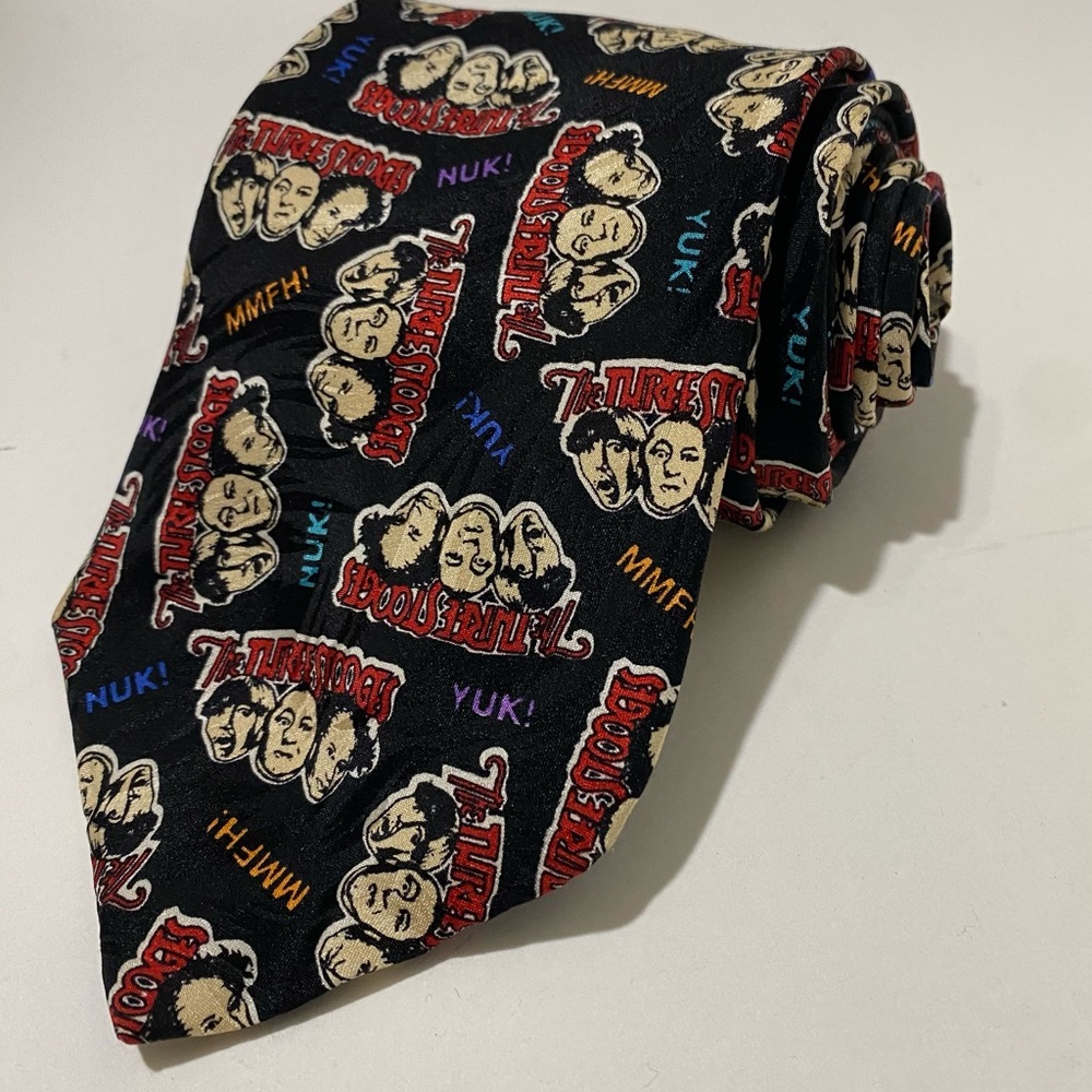 Vintage Three 3 Stooges 100% Imported Silk Black Beige Red 58" Made in USA